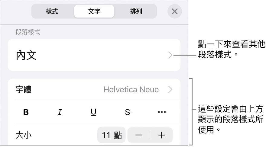 「格式」選單中顯示用於設定段落及字元樣式、字體、大小和顏色的文字控制項目。