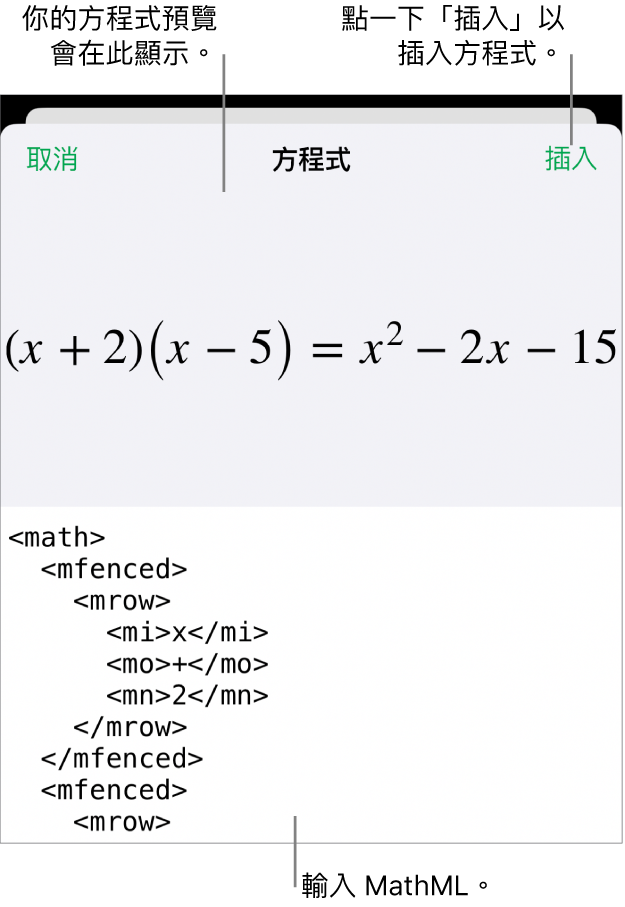 「方程式」對話框，顯示使用 MathML 指令寫入的方程式，上方是公式的預覽。