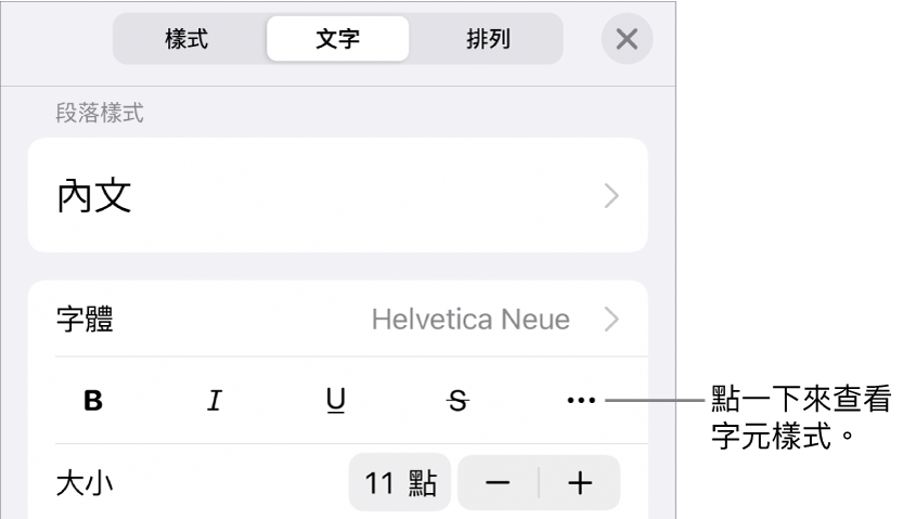 帶有段落樣式的「格式」控制項目位於最上方，然後是「字體」控制項目。「字體」下方為「粗體」、「斜體」、「底線」、「刪除線」和「更多文字選項」按鈕。