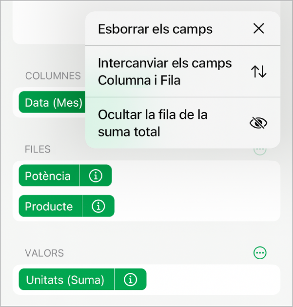 El menú “Més opcions de camp”, que mostra els controls per ocultar les sumes totals, intercanviar els camps de fila i de columna i esborrar els camps.