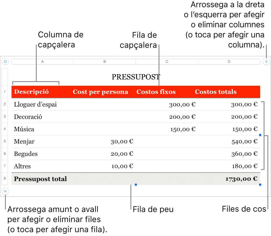 Una taula que mostra files i columnes de capçalera, de cos i de peu de pàgina i marcadors per afegir o eliminar files o columnes.