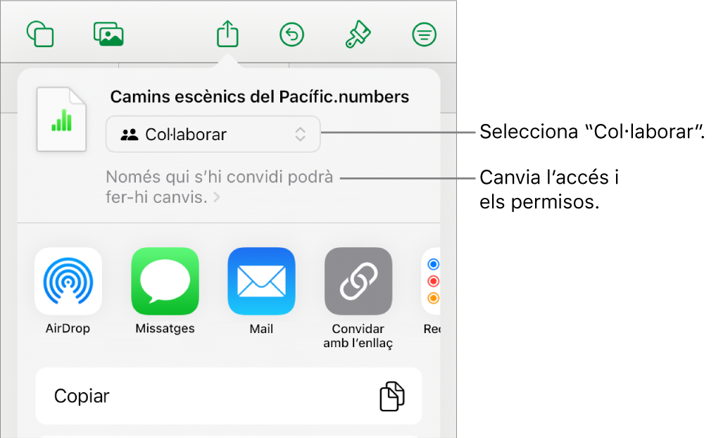 Menú “Compartir” amb l’opció “Col·laborar” seleccionada a la part superior i la configuració dels permisos a sota.