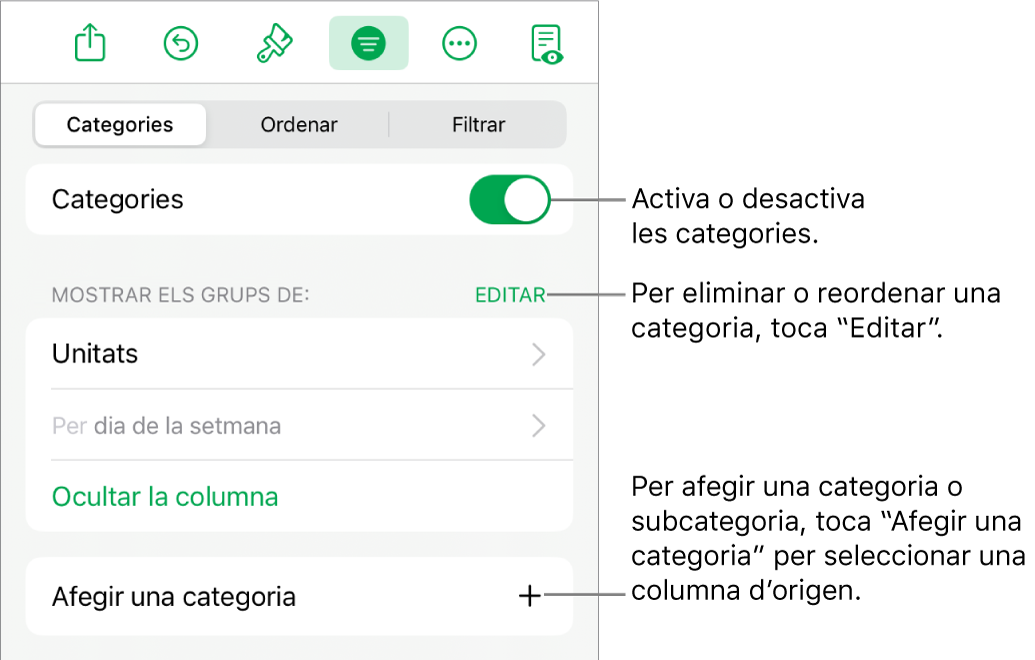 Menú Categories de l’iPad amb opcions per desactivar categories, eliminar categories, agrupar dades, ocultar la columna d’origen i afegir categories.
