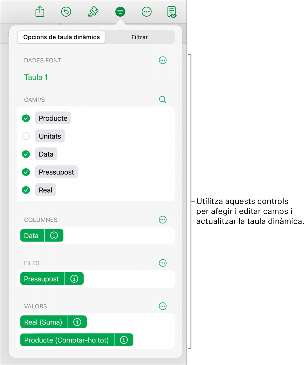 El menú “Opcions de taula dinàmica” que mostra els camps a les seccions Columnes, Files i Valors, a més dels controls per editar els camps.