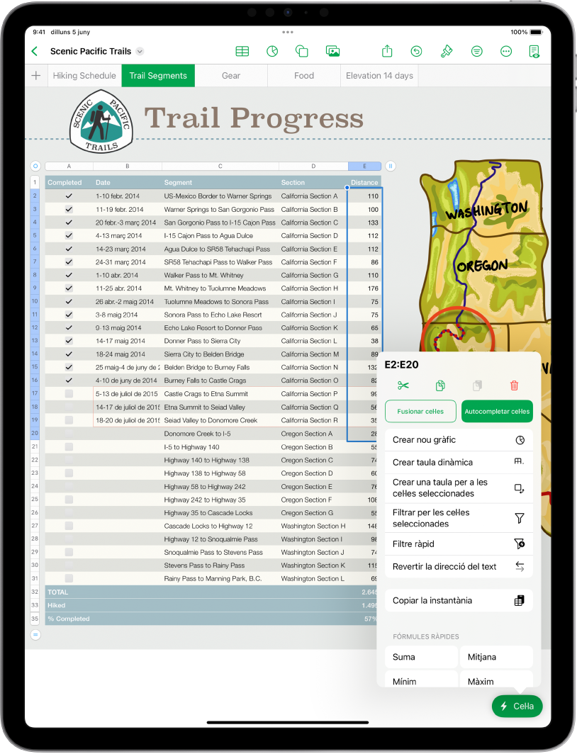 Full de càlcul que mostra una taula de rutes fetes i la distància de cadascuna. El menú “Accions de cel·la” està obert i mostra opcions per afegir fórmules, dates, comentaris i filtres.