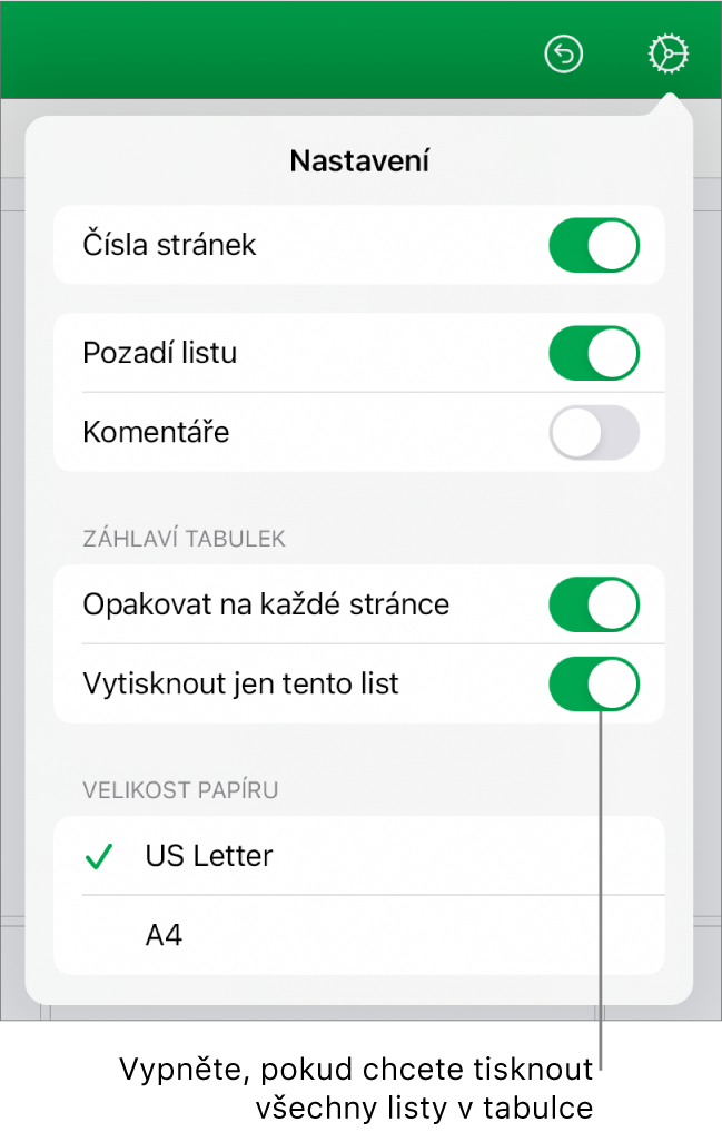 Panel s náhledem tisku s ovládacími prvky pro zobrazování čísla stránky, opakování záhlaví na každé stránce, změnu formátu papíru a výběr tisku celého tabulkového dokumentu, nebo pouze aktuálního listu