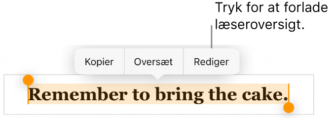 En sætning er valgt, og over den ses en kontekstmenu med knapperne Kopier og Rediger.