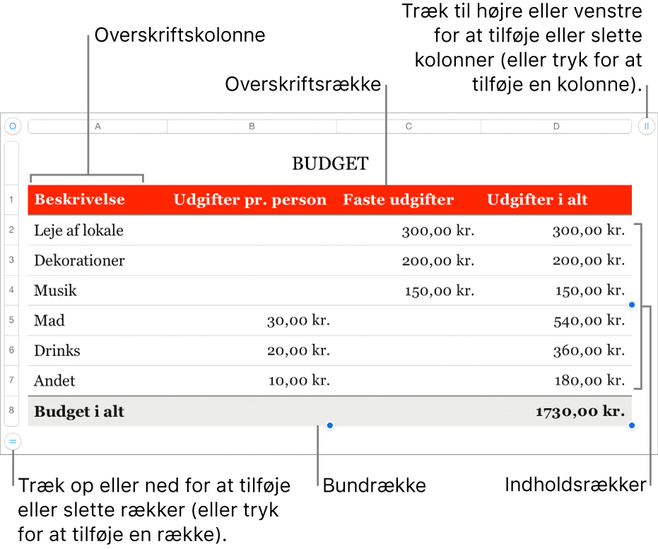 En tabel med overskrifts-, indholds- og bundrækker og -kolonner og håndtag til tilføjelse eller sletning af rækker eller kolonner.