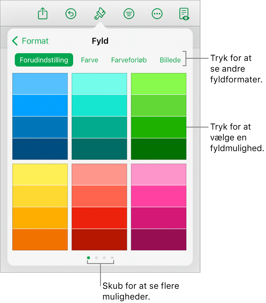 Fyldmuligheder på fanen Format til knappen Format.