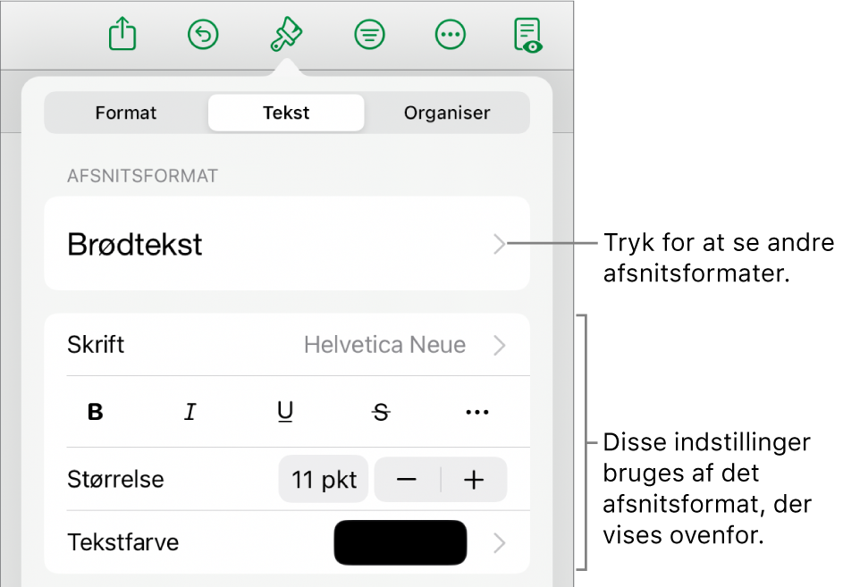 Menuen Format, der viser betjeningsmuligheder til tekst til indstilling af afsnits- og tegnformater, skrift, størrelse og farve.