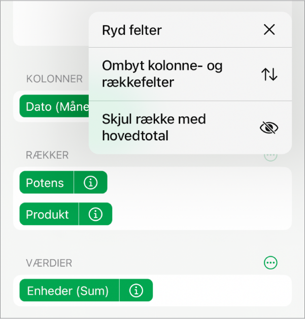 Menuen Flere feltindstillinger, der viser betjeningsmulighederne for at skjule hovedtotaler, bytte kolonne- og rækkefelter og rydde felter.