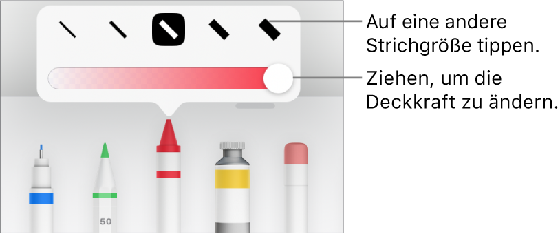 Steuerelemente zum Auswählen einer Strichstärke und ein Schieberegler zum Anpassen der Deckkraft