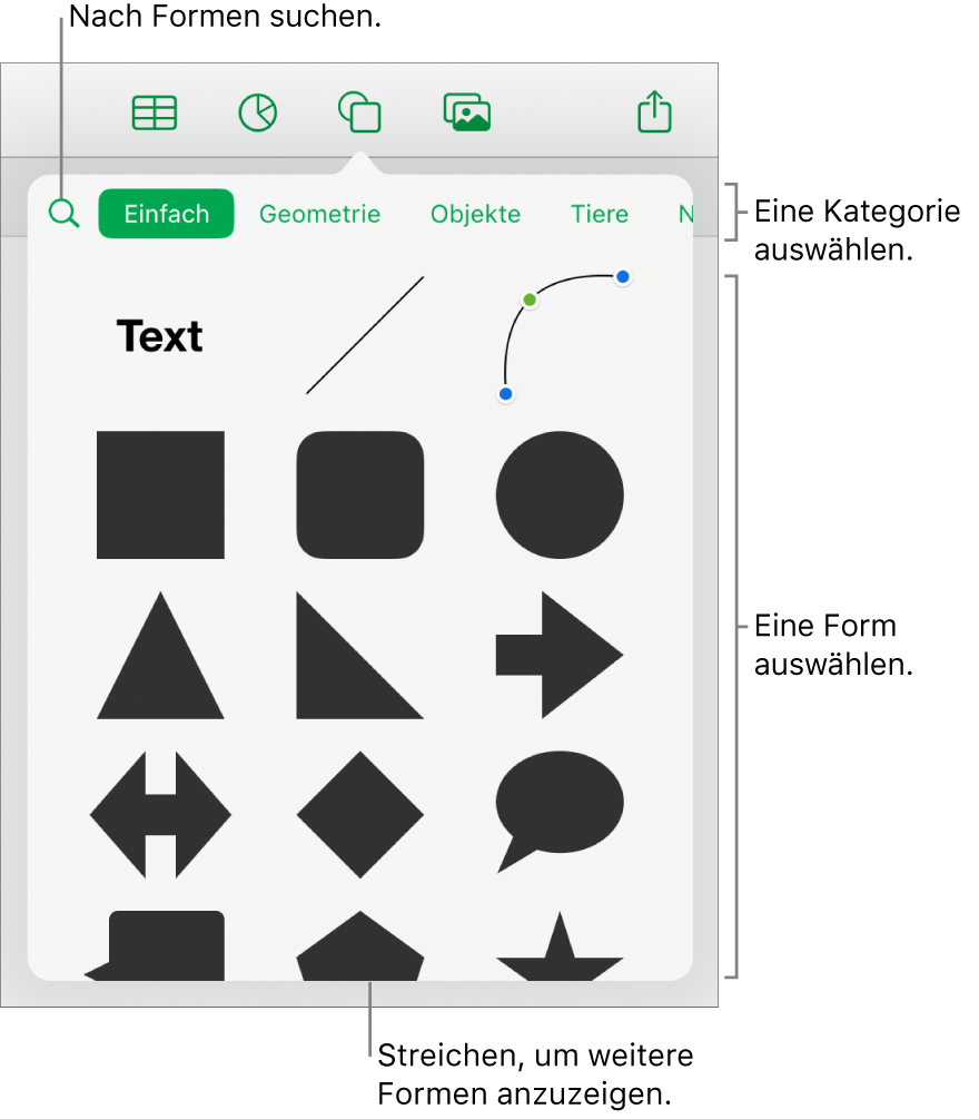 Die Formen-Mediathek mit Kategorien oben und Formen darunter. Du kannst das oben angezeigte Suchfeld verwenden, um Formen zu finden. Durch Streichen kannst du weitere Formen anzeigen.
