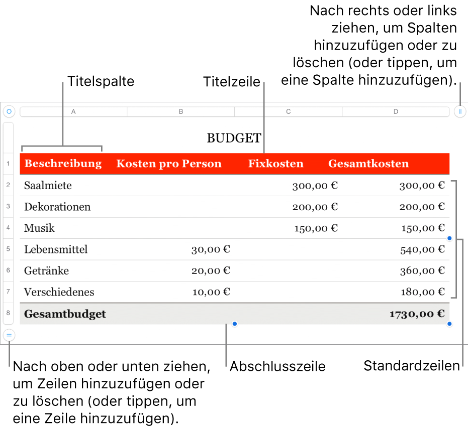 Eine Tabelle mit Titel-, Standard- und Abschlusszeilen und Spalten sowie mit Aktivpunkten zum Hinzufügen oder Löschen von Zeilen oder Spalten.