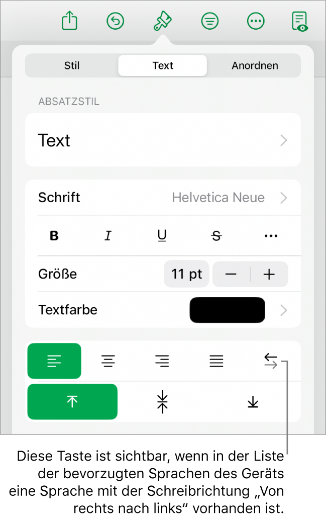 Der Abschnitt „Stil“ des Menüs „Format“ mit einer Beschreibung der Taste „Von rechts nach links“