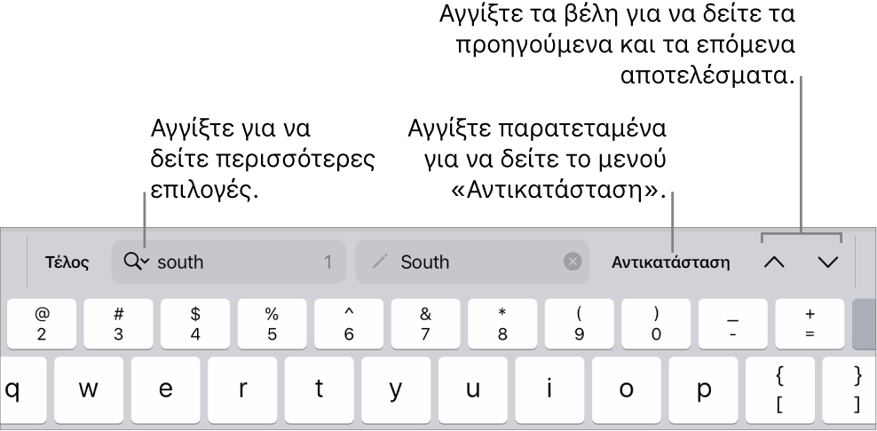 Τα στοιχεία ελέγχου «Εύρεση και αντικατάσταση» πάνω από το πληκτρολόγιο με επεξηγήσεις για τα κουμπιά «Επιλογές αναζήτησης», «Αντικατάσταση», «Μετάβαση πάνω» και «Μετάβαση κάτω».