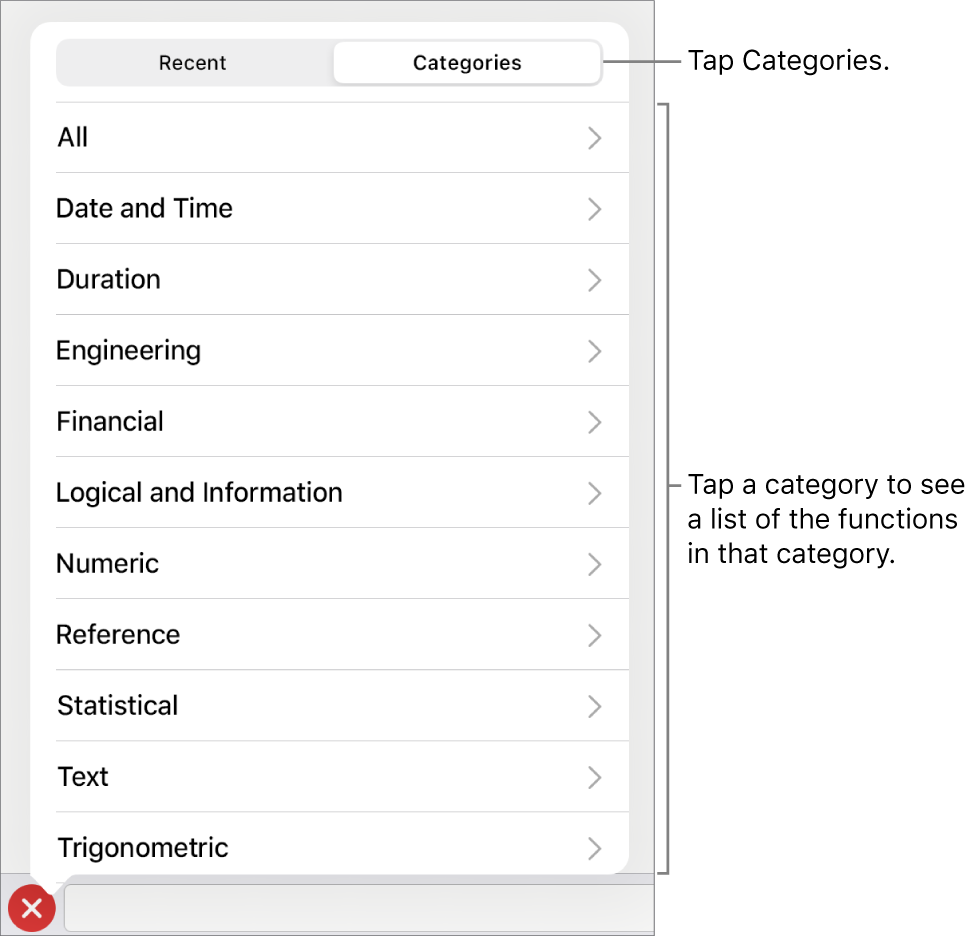 The Functions Browser with a call out to the Categories button and the list of categories.