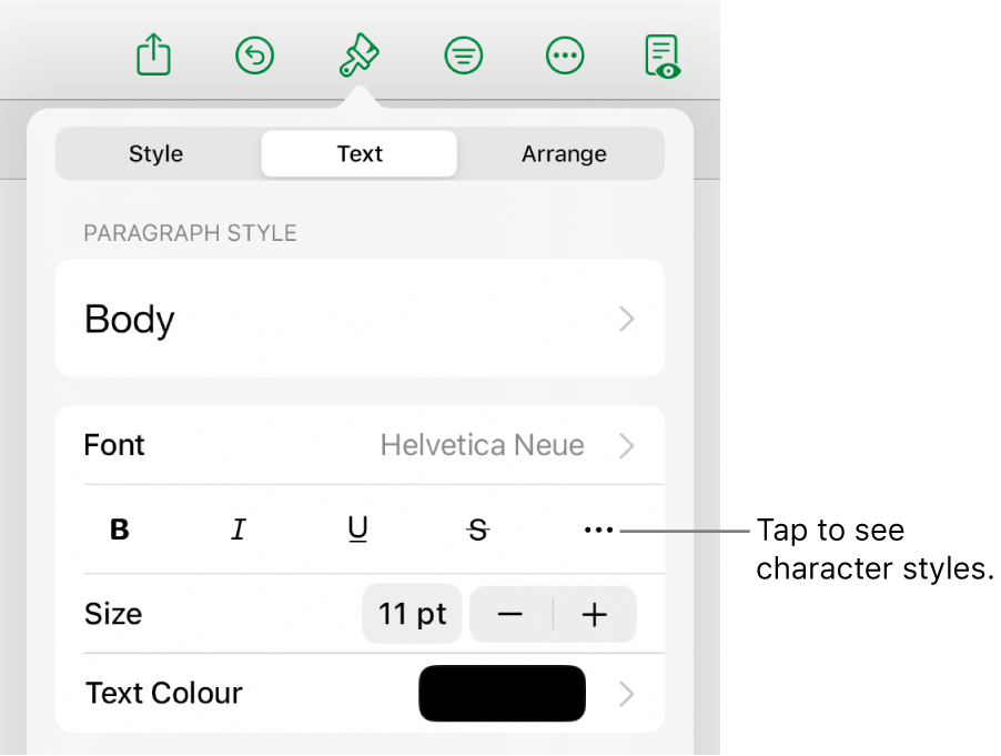 The Format controls with paragraph styles at the top, then Font controls. Below Font are the Bold, Italic, Underline, Strikethrough and More Text Options buttons.