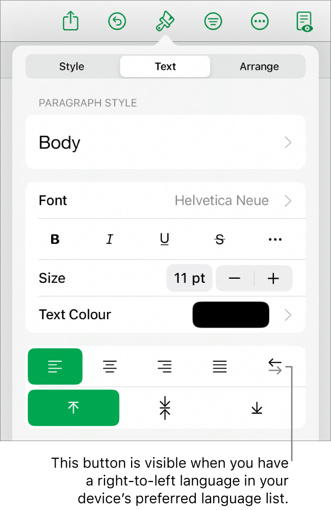 The Style section of the Format menu with a call-out to the Right to Left button.