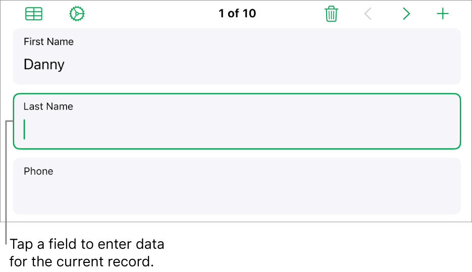 A record in a form showing an active field with an insertion point.