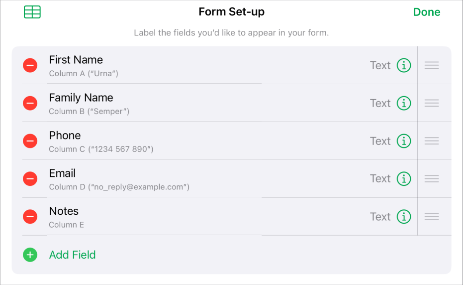 Form set-up controls, showing options to add, edit, reorder and delete fields, as well as to change the format of fields (such as from Text to Percentage).