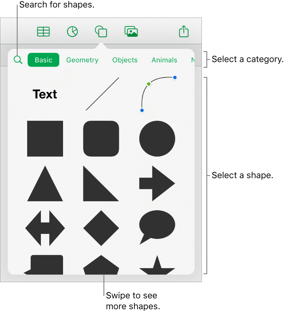 The shapes library, with categories at the top and shapes displayed below. You can use the search field at the top to find shapes and swipe to see more.