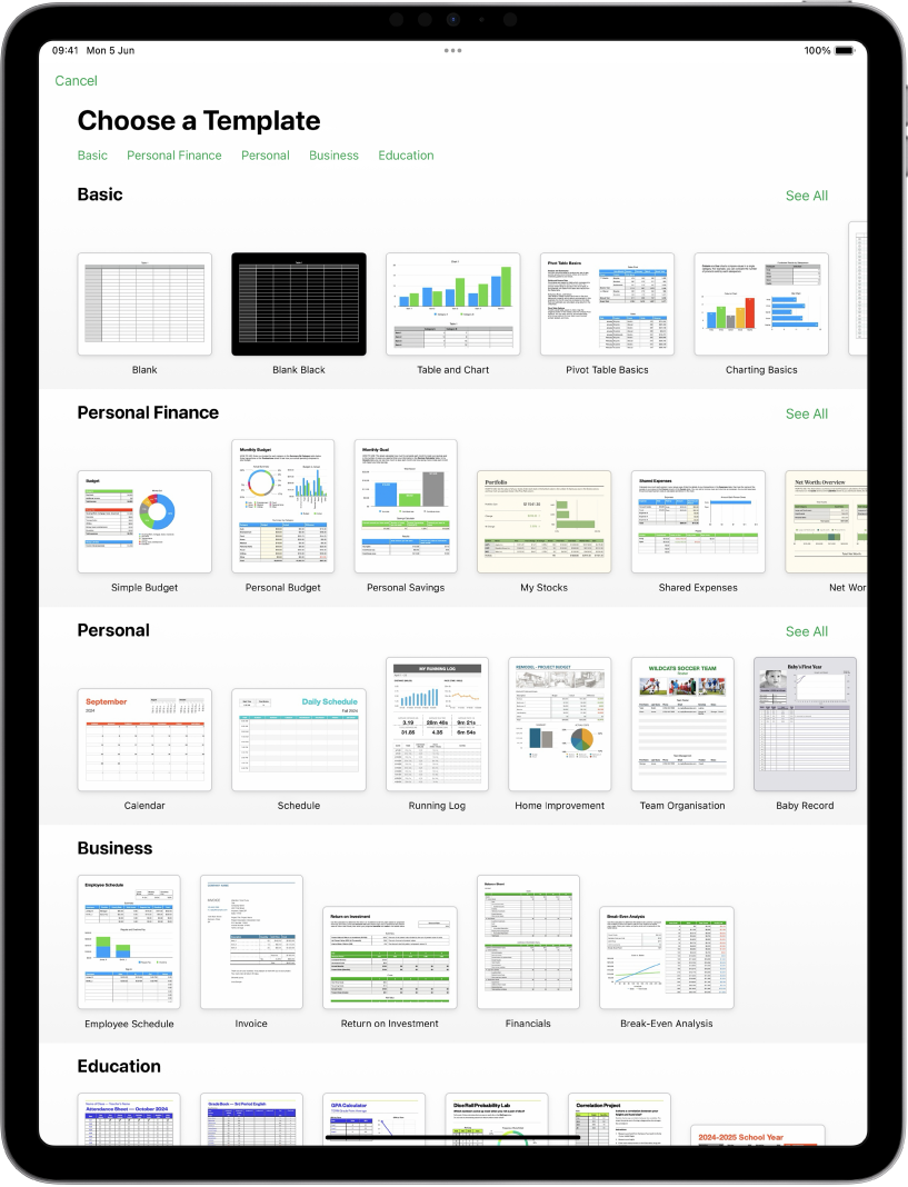 The template chooser, showing a row of categories across the top that you can tap to filter the options. Below are thumbnails of pre-designed templates arranged in rows by category, starting with Recents at the top and followed by Basic and Personal Finance. A See All button appears above and to the right of each category row. The Language and Region button is in the top-right corner.