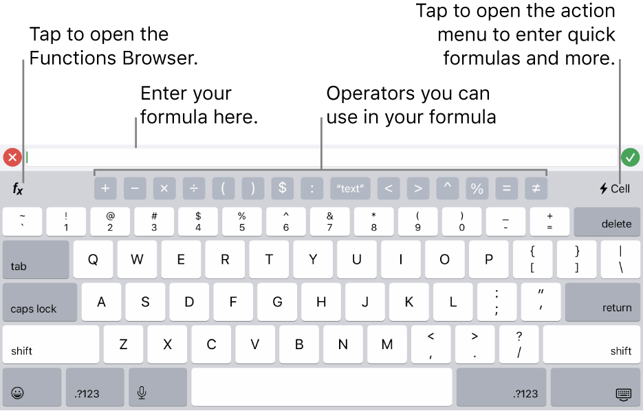 The formula keyboard, with the formula editor at the top and the operators used in formulas below it. The Functions button for opening the Functions Browser is to the left of the operators, and the Action menu button is to the right.