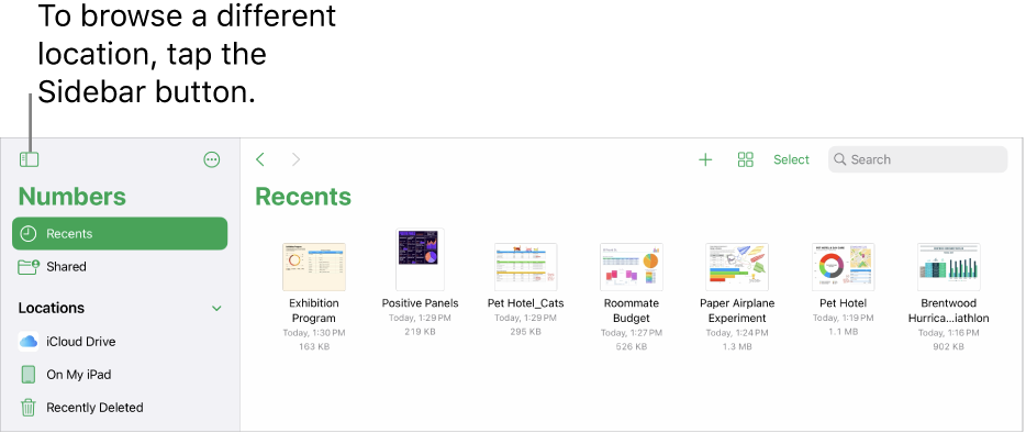 The browse view of the spreadsheet manager with a location link in the top-left corner and below it a Search field. In the top-right corner are the Add a Spreadsheet button; the New Folder button; a pop-up menu to use list or icon view, and to filter by name, date, size, kind, and tag; and the Select button. Below these are thumbnails of existing spreadsheets.