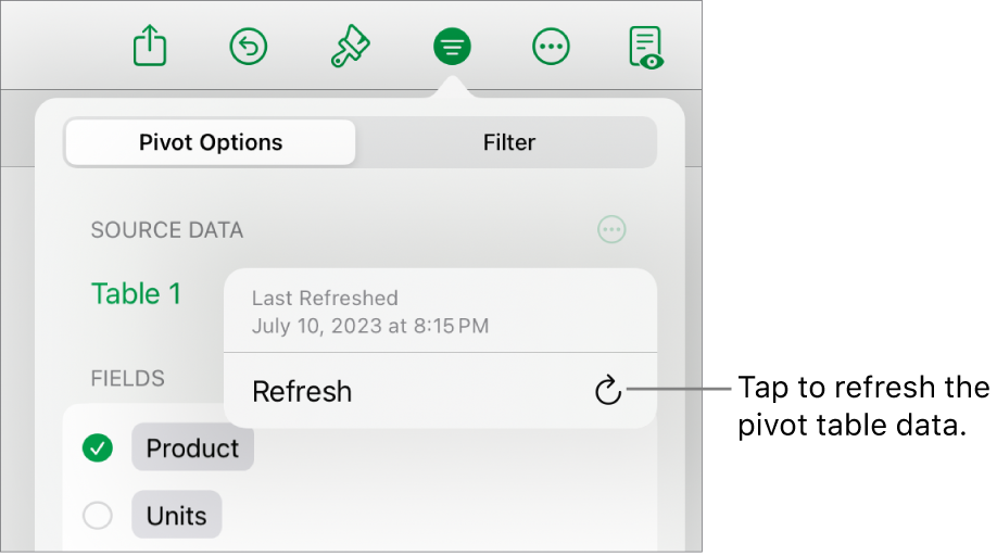 The Pivot Options menu showing the option to refresh the pivot table.