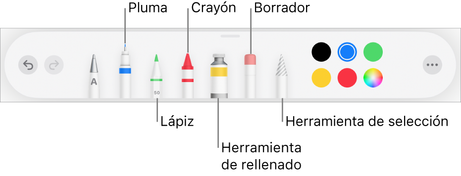 La barra de herramientas de dibujo con bolígrafo, lápiz, crayón, herramienta de rellenado, goma de borrar, herramienta de selección y la paleta de colores mostrando el color actual. El botón del menú Más está en el extremo derecho.