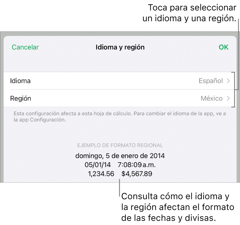 El panel Idioma y región con controles para el idioma y la región, y un ejemplo de formato que incluye una fecha, una hora, y formatos decimales y de moneda.