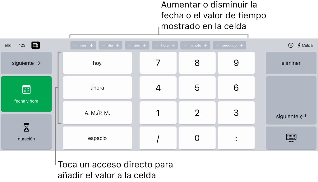 El teclado de fecha y hora. Los botones situados en la parte superior muestran unidades de tiempo (mes, día, año y hora) que puedes incrementar para cambiar el valor mostrado en la celda. Hay teclas en la izquierda para cambiar entre los teclados de fecha y hora, y duración, así como teclas numéricas en el centro del teclado.