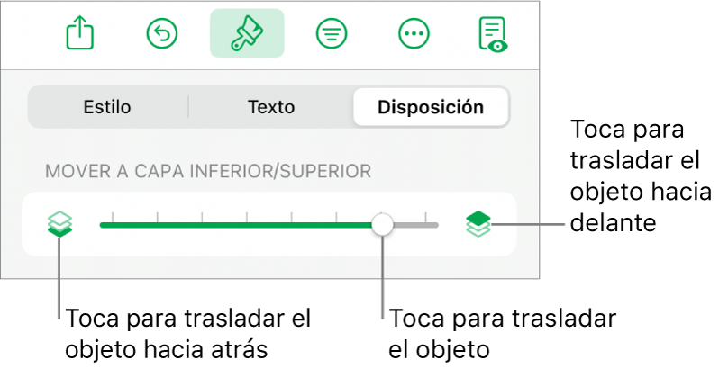 Botón “Mover hacia atrás”, botón “Mover hacia delante” y regulador de capa.