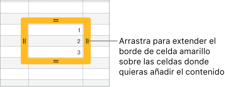 Una celda seleccionada con un borde amarillo grande que puedes arrastrar para que las celdas se autorrellenen.