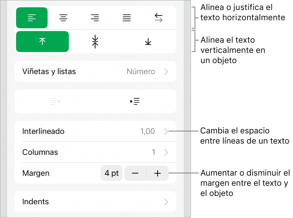 Sección Disposición del inspector de formato con llamadas a los botones de alineación de texto y espaciado.