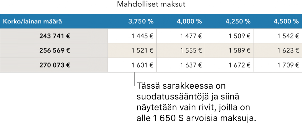 Asuntolainataulukko edullisten korkojen perusteella suodattamisen jälkeen.