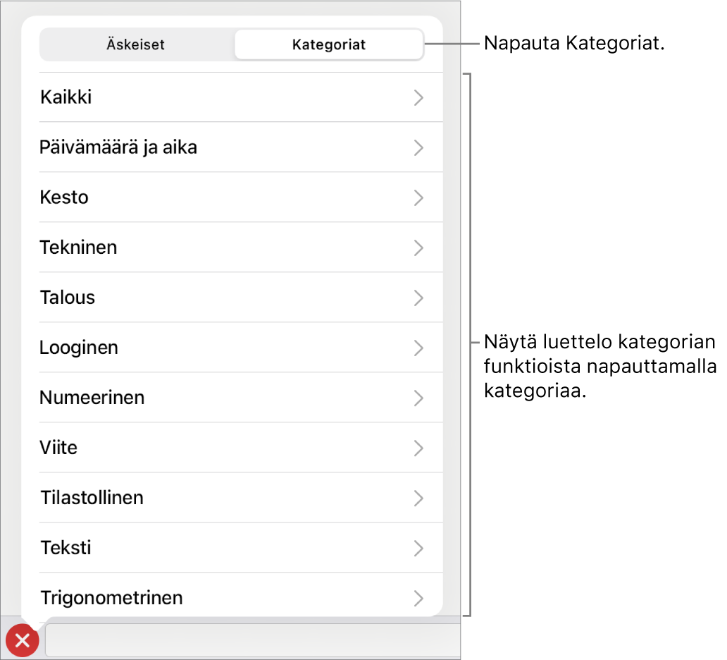 Funktioselain, jossa on valittuna Kategoriat-painike ja alla kategorialuettelo.