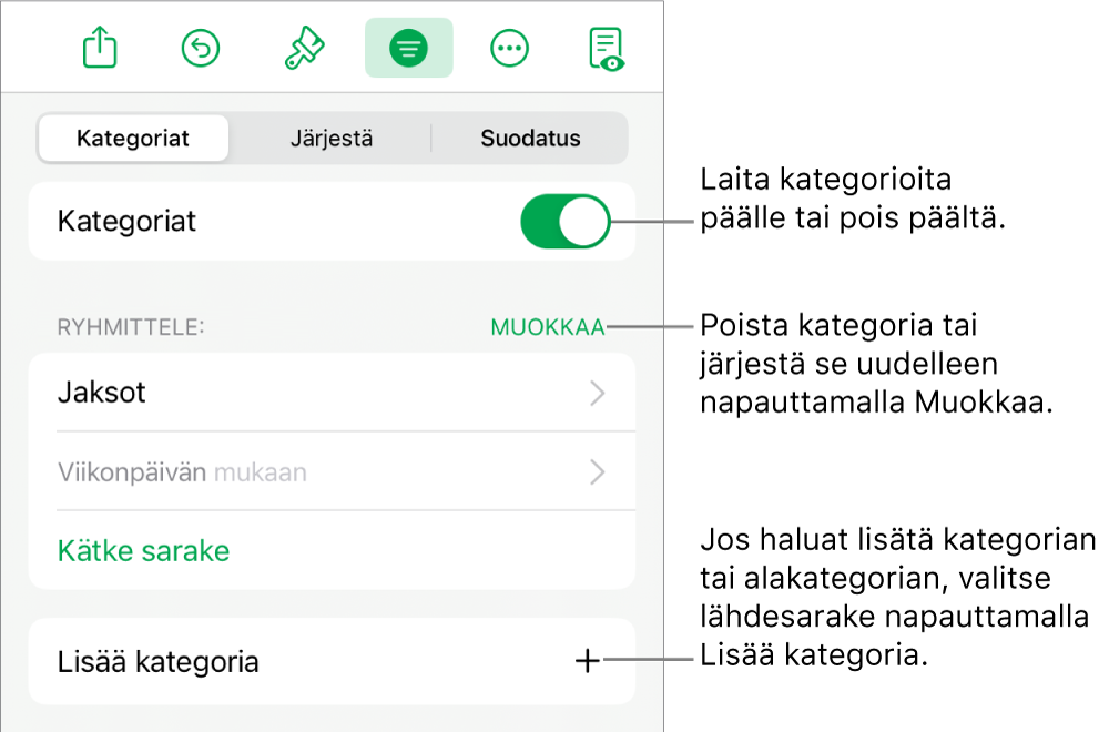 iPadin kategoriavalikko, joka sisältää valinnat kategorioiden laittamiseksi pois päältä ja poistamiseksi, datan ryhmittämiseksi uudelleen, lähdesarakkeen kätkemiseksi ja kategorioiden lisäämiseksi.