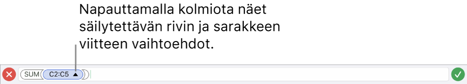 Kaavan muokkaaja, jossa näkyy, miten rivi- ja sarakeviittaukset säilytetään, kun solu kopioidaan tai siirretään.