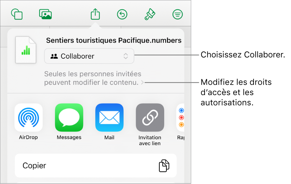 Le menu Partager avec l’option Collaborer sélectionnée dans le haut, au-dessus des réglages d’accès et d’autorisation.