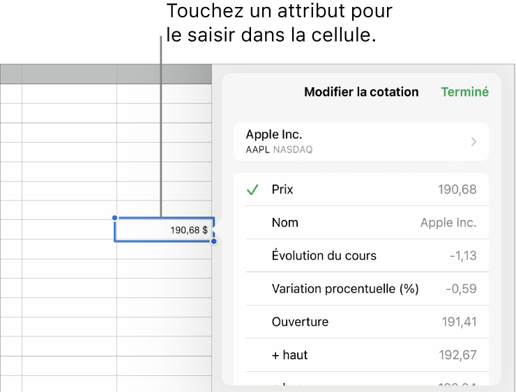 Fenêtre contextuelle Cotation dont le nom de l’action apparaît en haut et les attributs d’action sélectionnables, notamment le cours, le nom du cours, son évolution, cette évolution en pourcentage, le cours à l’ouverture et sa valeur maximale et apparaissent en bas.