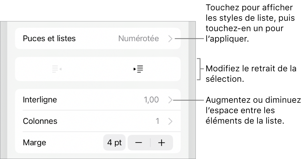 La section Puces et listes des commandes Format avec des légendes indiquant le menu Puces et listes, les boutons de retrait ou de suppression du retrait, et les commandes d’interligne.