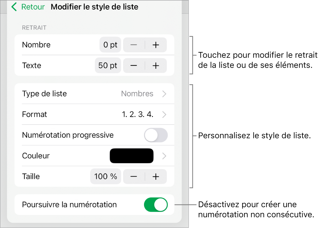 Menu Modifier le style de liste avec les commandes pour le retrait, le type et le format de liste, la numérotation progressive, la couleur et la taille, et la numérotation continue.