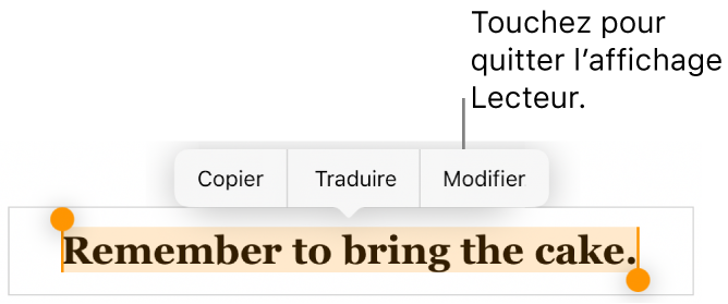 Une phrase est sélectionnée et au-dessus de celle-ci se trouve un menu contextuel avec les boutons Copier et Modifier.