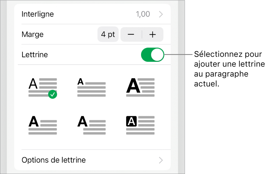 Les commandes Lettrine situées dans le menu Texte.