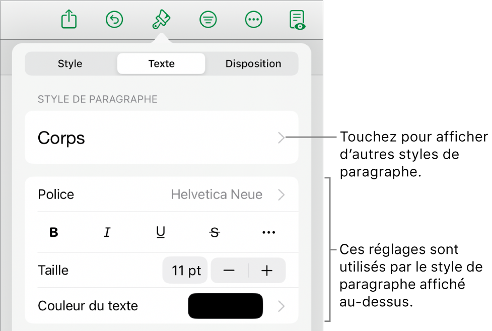 Menu Format avec commandes de texte permettant de définir les styles, la police, la taille et la couleur des paragraphes et des caractères.