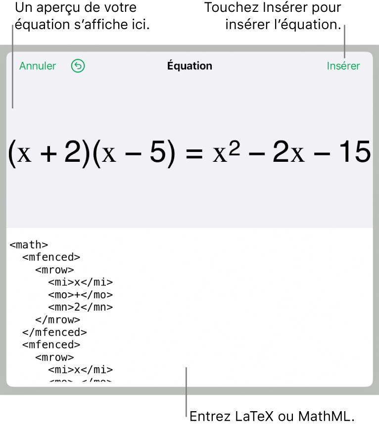 Zone de dialogue Équation, affichant une équation composée à l’aide des commandes MathML et aperçu de la formule au-dessus.