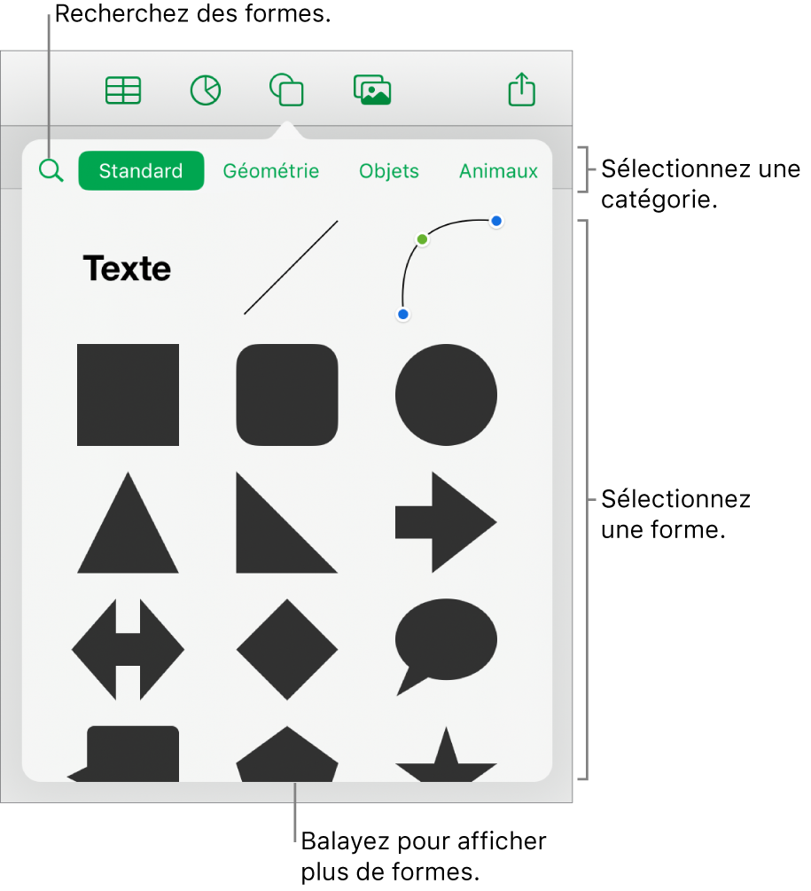 Bibliothèque de formes, les catégories étant affichées en haut et les formes, en bas. Utilisez le champ de recherche situé en haut pour rechercher des formes. Balayez également l’écran pour en trouver d’autres.