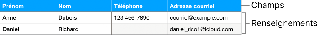 Tableau correctement configuré pour être utilisé avec des formulaires, avec une rangée d’en-tête contenant les étiquettes de champ et une liste de fiches affichant les coordonnées des membres d’une équipe de sport.